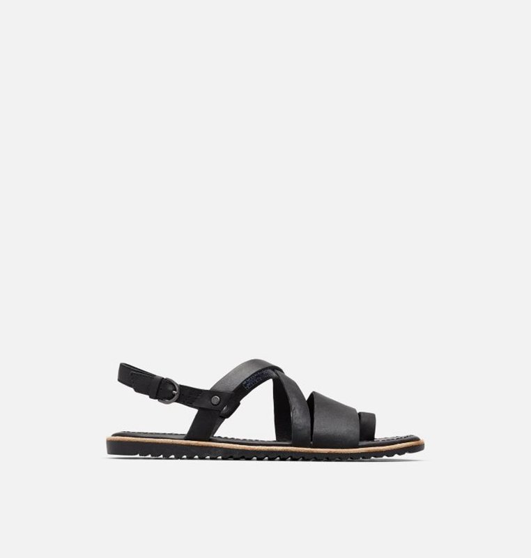 Womens Sandals Black - Sorel Ella™ Criss Cross Flat - 694310-GMB